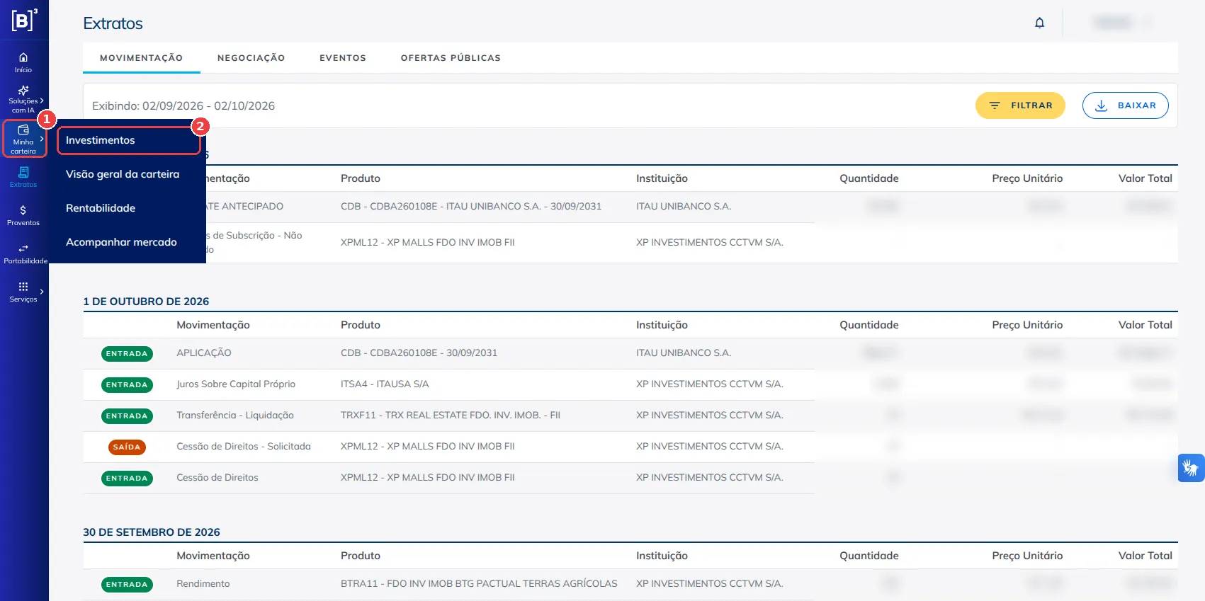 Menu lateral da Área do Investidor com Minha carteira aberto e a opção Investimentos em destaque